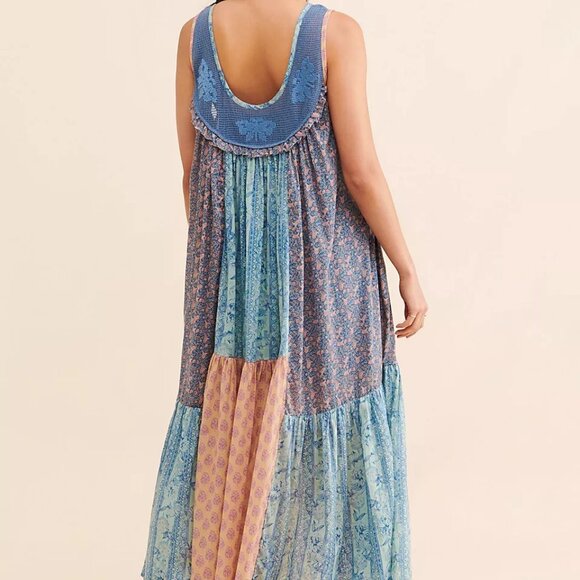 Free People Lost Palms Craft Mixed Print Patchwork Maxi Dress Womens Large Blue - Picture 2 of 7